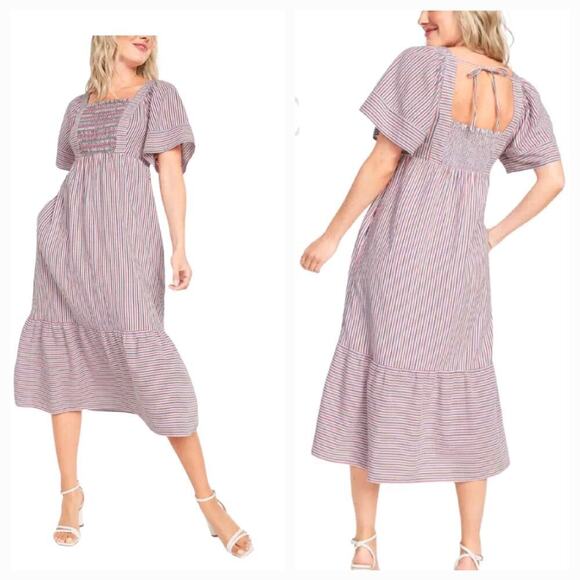 Old Navy Fit & Flare Striped Midi Dress S Short-Sleeve Tie-Back Pockets Sundress - Picture 1 of 12